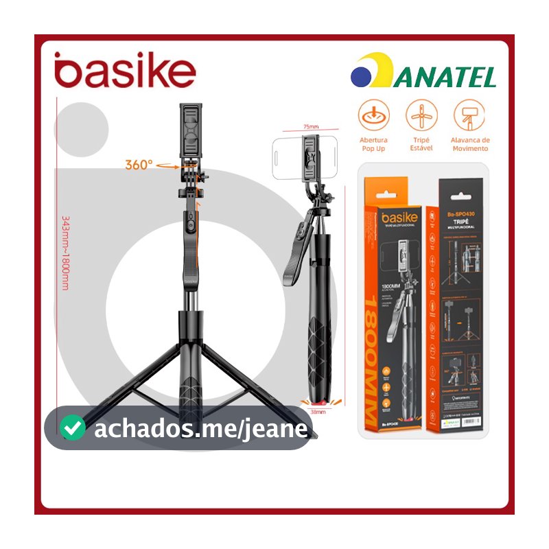 BASIKE Selfie Stick Trípode 180cm Bluetooth 5.2 Interface 1/4 Portátil 0.4kg Auto-Aberto tripé para selfie，spo430