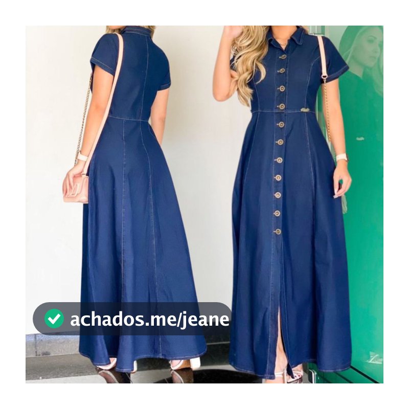 Vestido Jeans Longo Tecido Elastano Perfeito Botão Rodado Feminino Evangelica Cristã Gode Brasil