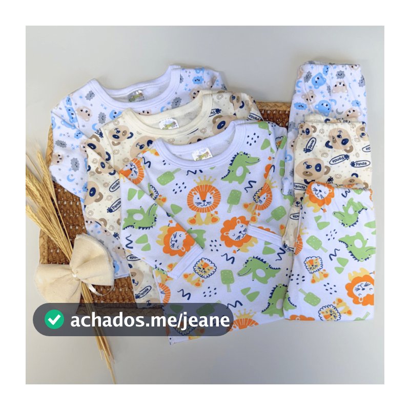 Kit 6 Peças 100% Algodao Menina Menino Roupas Para Dormir Bebe Manga Longa Premium Canelado