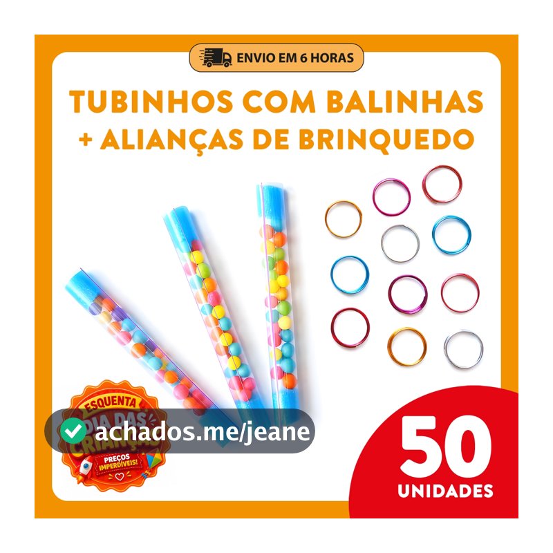 Kit 50 Tubinhos com Balinha e Alianças - Lembrancinha, Festa Infantil, Aniversário, Dia das Crianças
