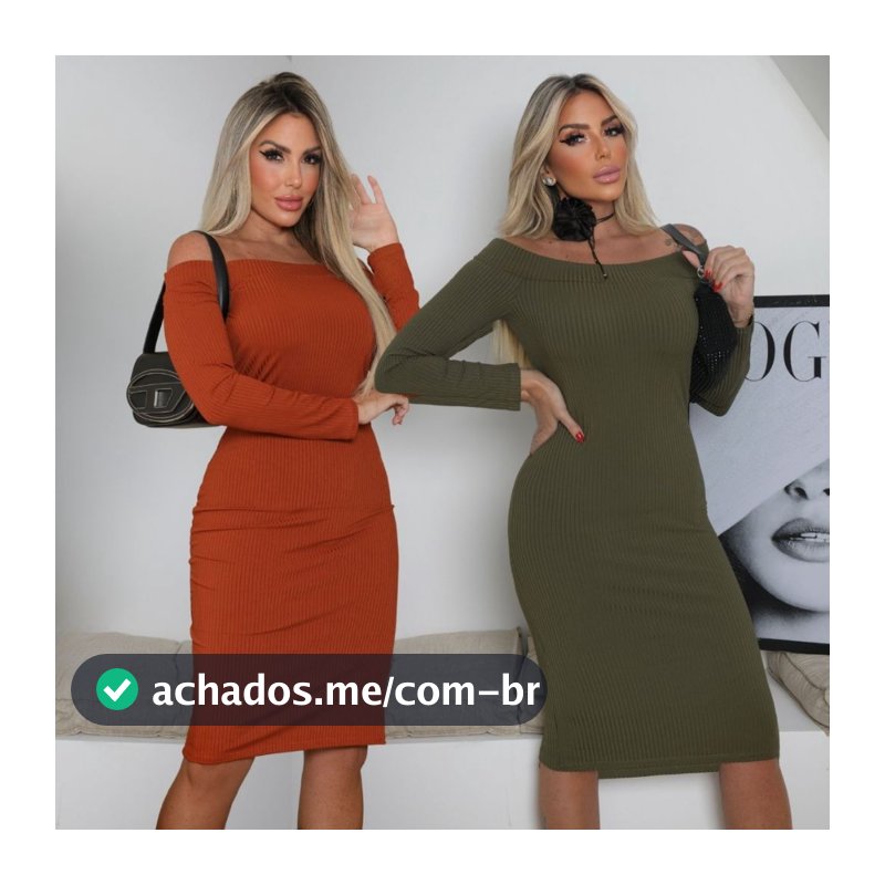 Vestido Midi Ombro a Ombro Inverno Gola Canoa Canelado Premium Manga Longa Decote  Modelador
