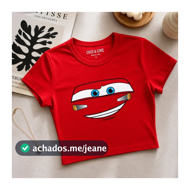 Camiseta Feminina Baby Tee Crop Blusa Cropped Vermelha Estampa Relâmpago Mcqueen Carros Y2K Algodão Moda Tumbler