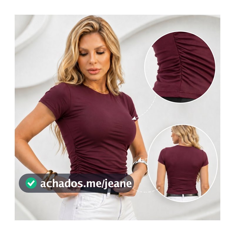 Blusinha Feminina Drapeada Baby Tee Manga Curta Suplex Cropped Básica Forrado Blusa Gringa Tshirt Compressão Dia A Dia