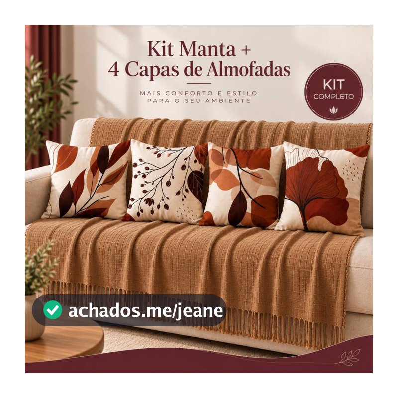 Kit Manta Decorativa P + 04 Capas de Almofadas Copa para Sala Decoração