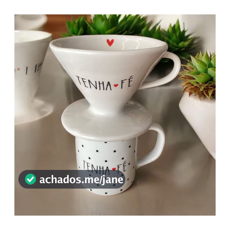 Kit Caneca 300 Ml Decorada + Coador De Porcelana Filtro Café Individual Frases