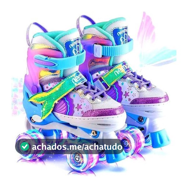 Patins Infantil 4 Rodas Sereia Com Luz De LED Top Patins +Kit Proteção e Sem Kit Proteção Menina Menino Promoção