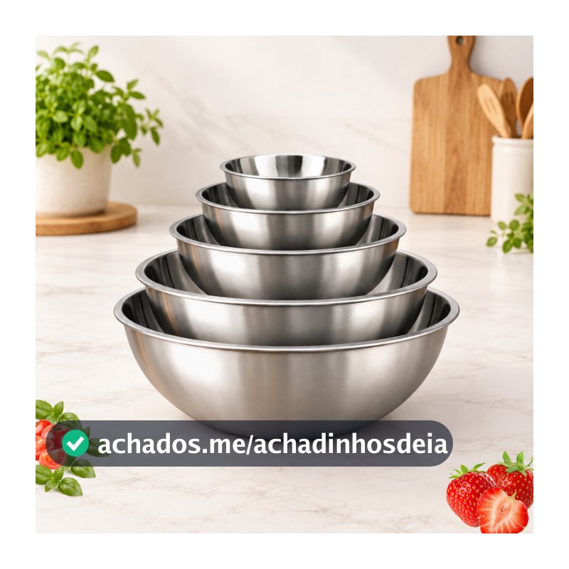 Jogo De 5 Tigelas Bowl Inox Multiuso Com Medição Empilhável 14cm 16cm 20cm 22cm 24cm Cozinha