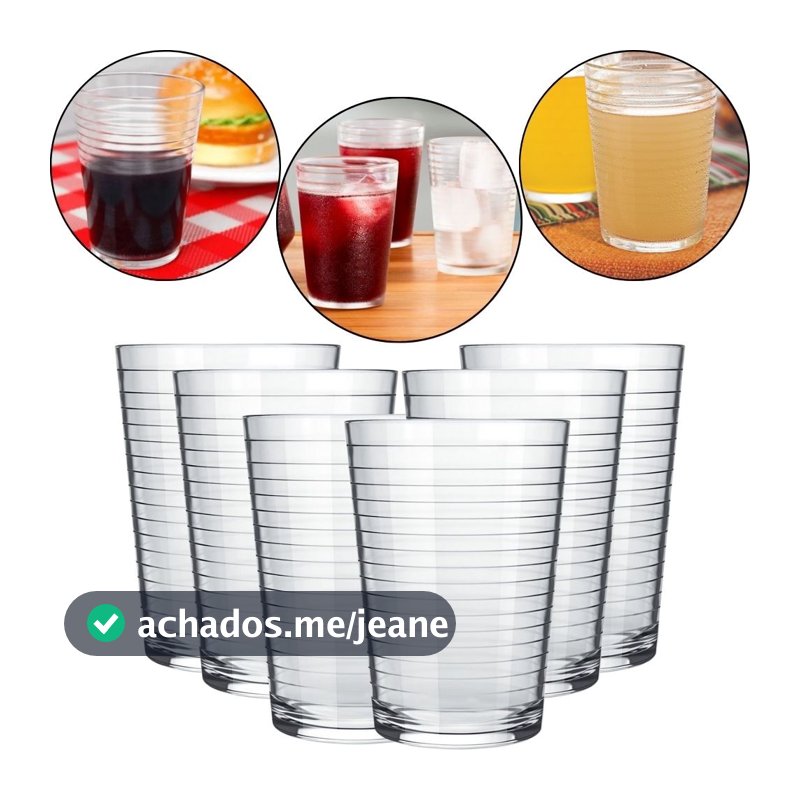 Jogo 6 Copos de Vidro Nadir Linha Ginga 265ml Agua Suco