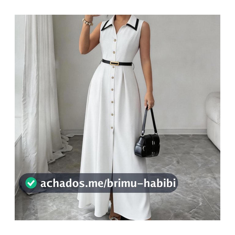 Vestido Longo Gola De Blazer, Decote V Sem Mangas, Botões Metálicos Na Frente, Acompanha Cinto Fino Preto Para Marcar