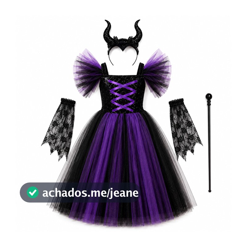 Fantasia Malévola Infantil Completa – Vestido com Chifres, Varinha e Mangas | Halloween e Festa