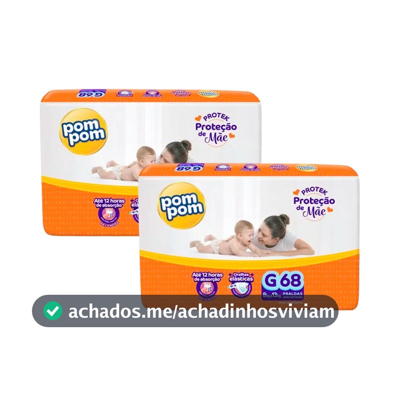 Kit 2 Fralda Descartável Pom Pom Protek Hiper G - 68 Unidades