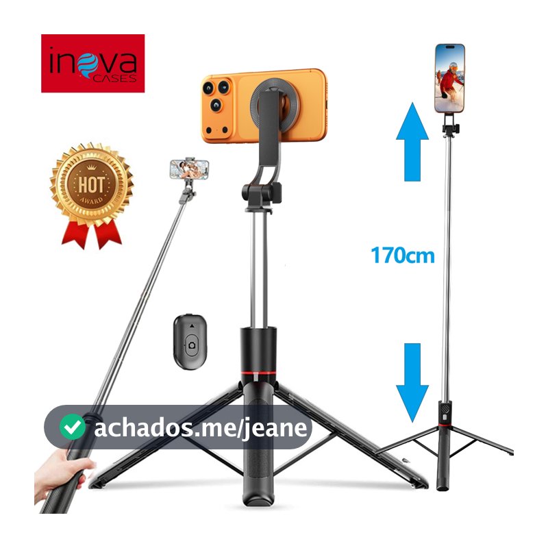 Inova Bastão de selfie Tripé Magnético telescópico 170cm Bluetooth com controle remoto para celular com suporte de tripé