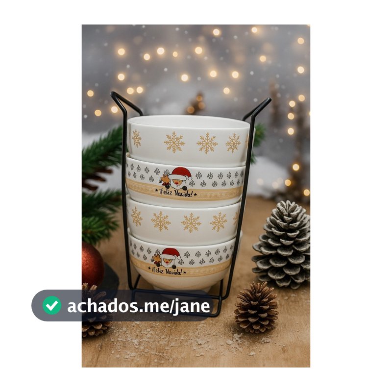 Jogo 4 Tigelas Cumbucas Bowl Açaí Sopa Porcelana 350ml + Suporte Flocos de Neve Natal