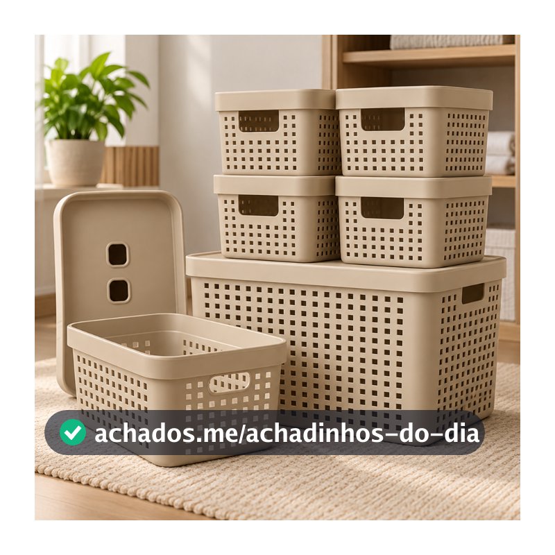 Kit 6 Caixa Organizadora com Tampa 17 L 4,5 L 2 L Cesto Grande em Plástico para Organização