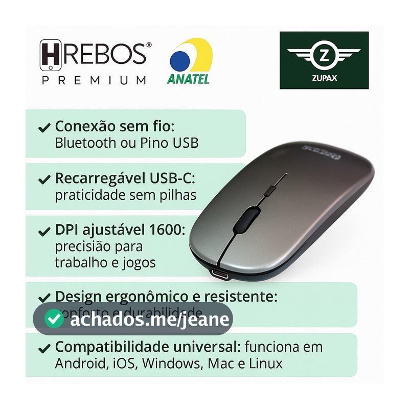 Mouse Sem Fio Recarregável | Bluetooth ou Pino USB Wi-fi | 1600 DPI Gamer | Compacto Leve Universal