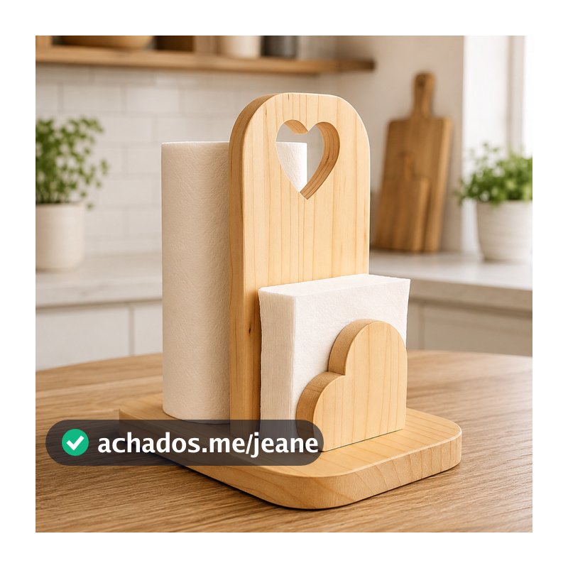 Porta Papel Toalha e Guardanapo Coração Madeira Pinus Organizador Cozinha Mesa Casa Decoração