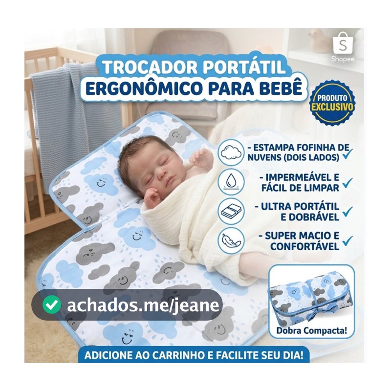 Trocador de Fralda Portátil Bebê Bebe Impermeável Dobrável com Tecido Estampado 100% Algodão