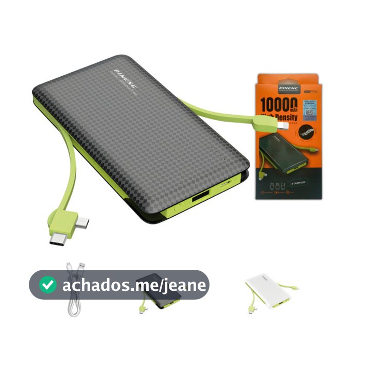 Power Bank 10000mAh Pineng Portátil com Cabos Embutidos USB Tipo C e Lightning Carregador Rápido