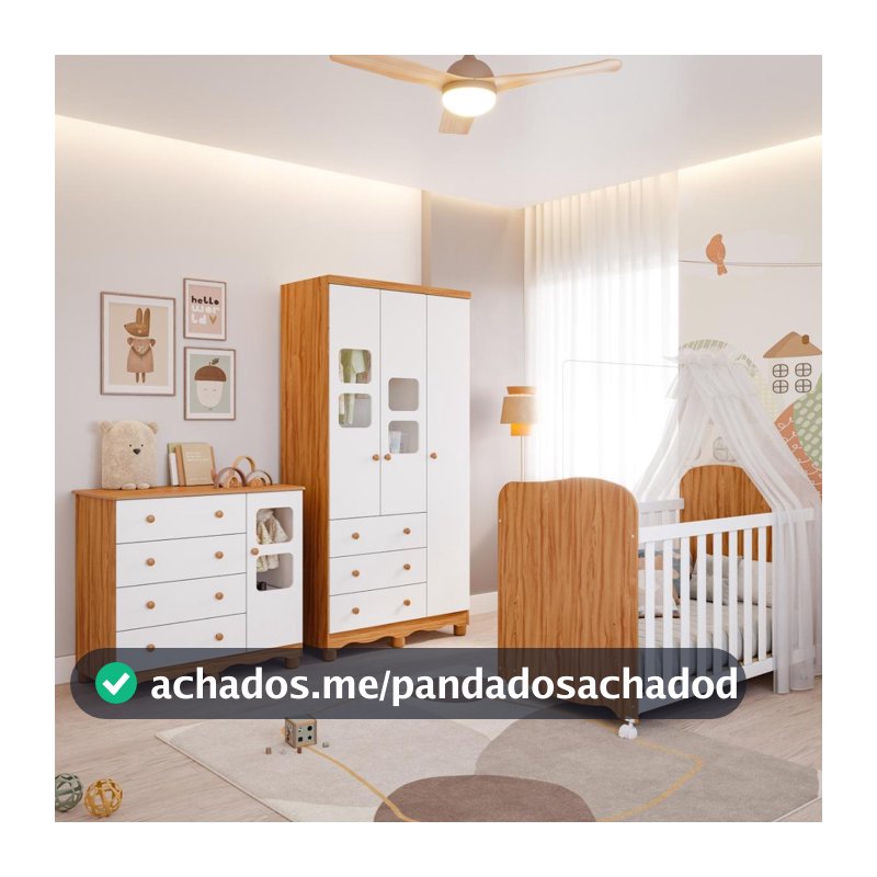 Quarto de Bebê Completo com Guarda Roupa 3 Portas Berço Americano Cômoda Uli 4 Gavetas 100%MDF