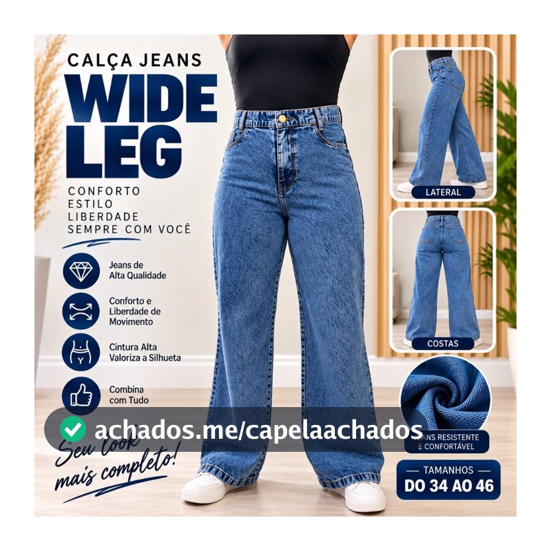 Calça Wide Leg Jeans Feminina Sem Elastano Tamanho 34 ao 46