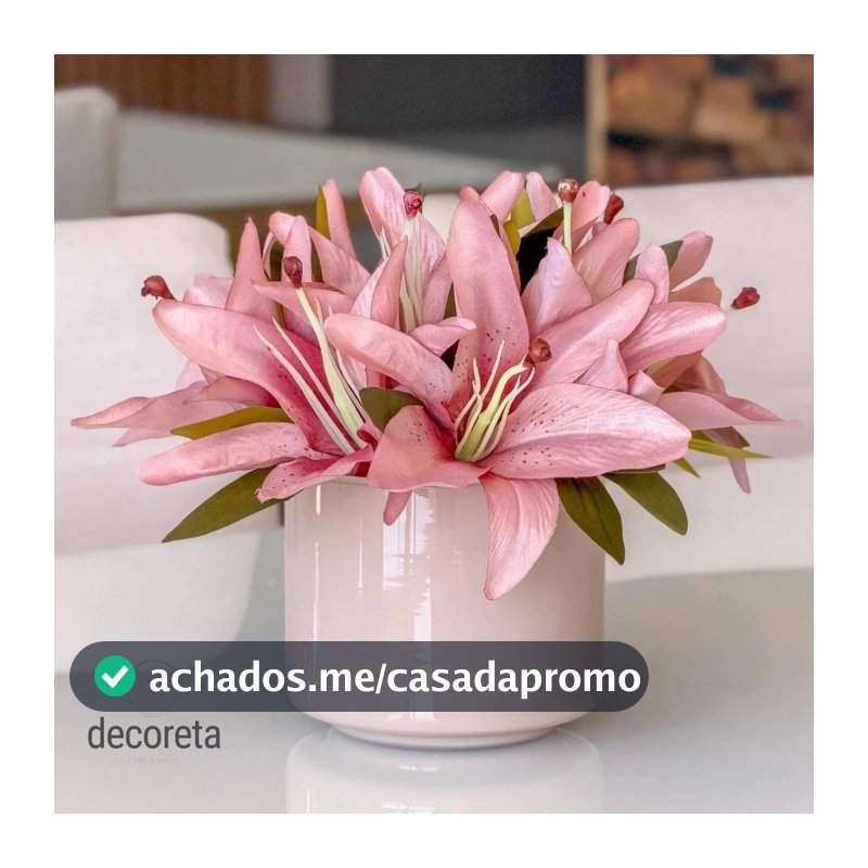 Arranjo de Flores Lírio Rosa Outono Artificial com Vaso de Vidro Decorativo Luxo