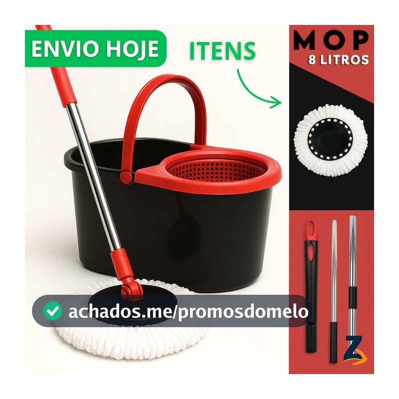 Mop Giratório Cabo Grande de 120 cm 8 Litros Cesto Em Plástico e Inox - Balde Centrífuga Preto