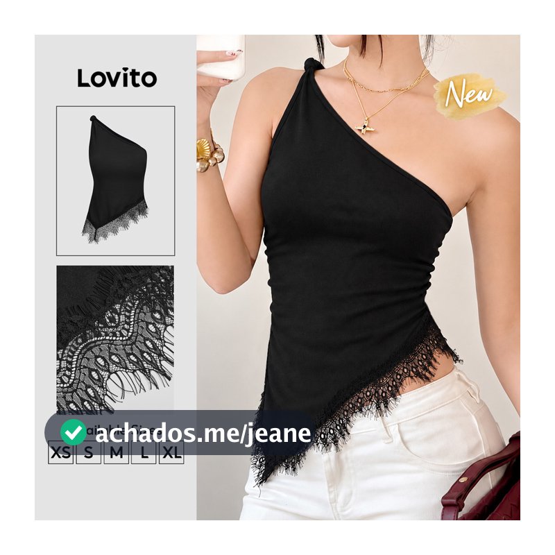 (New Arrival) Lovito Top Feminino Preto Casual Sem Mangas Decote assimétrico E Renda primavera/verão Fim De Semana Bordado TKK10P1D1199