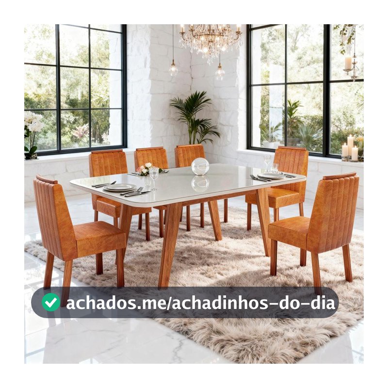 Sala de Jantar 180x90 Mavie MDF/Vidro 6 Cad. Eva Bom Pastor