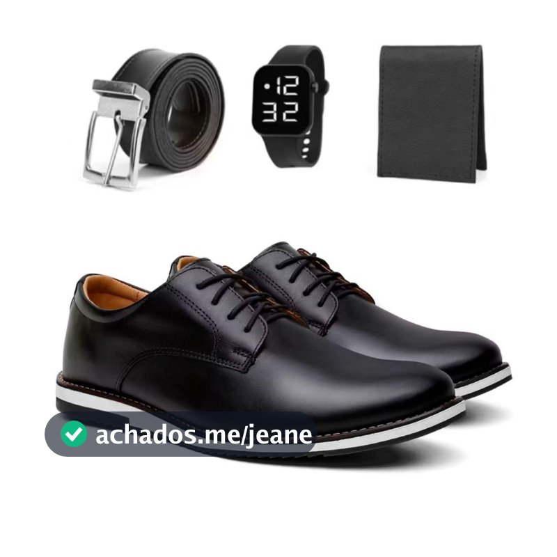 Kit Sapato Masculino Oxford Derby Casual De Couro Legitimo Sport Fino Com Solado Leve Macio + Cinto Carteira e Relogio
