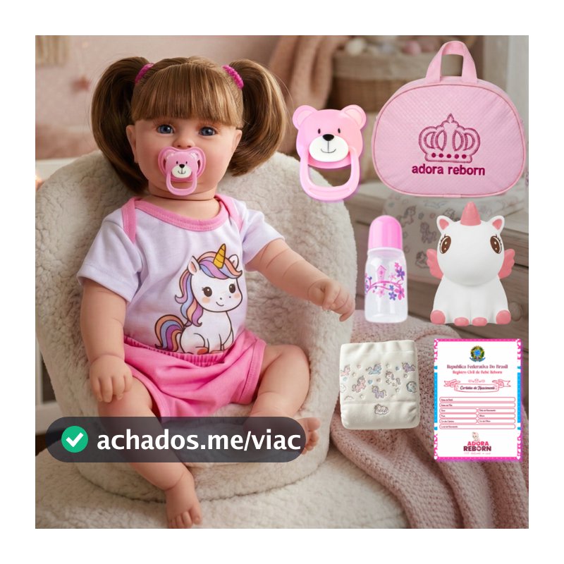 Boneca Bebê Reborn Unicórnio Menina Original Realista de Silicone Pode Dar Banho Com Bolsa Maternidade