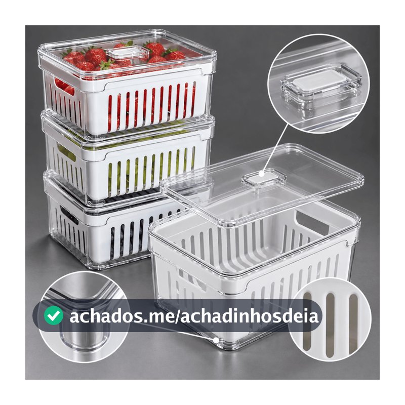 Kit 4 Organizadores de Geladeira 2,2L Cesto Interno Plástico Sem BPA Pote de Acrílico Organizador Frutas Legumes Frescos