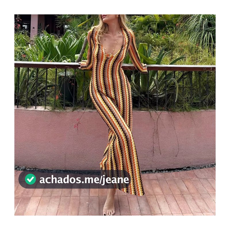 Vestido Elegante Com Decote Em V Profundo E Mangas Largas Sexy – Listrado De Férias Na Praia 202607A