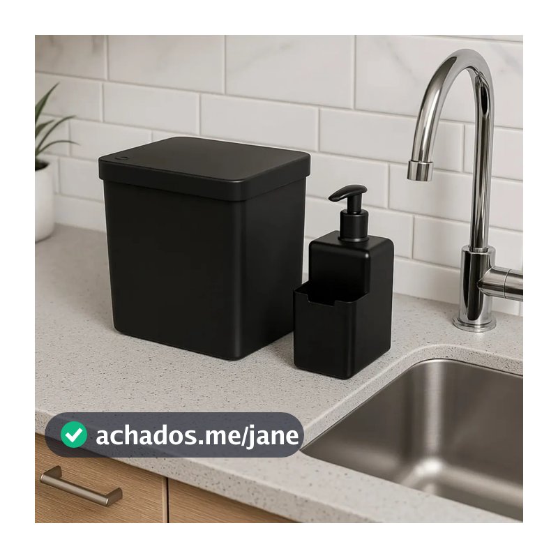 Kit Lixeira 2,5L + Dispenser de Detergente Single Sobre a Pia Esconde Sacola Bucha Cozinha Coza