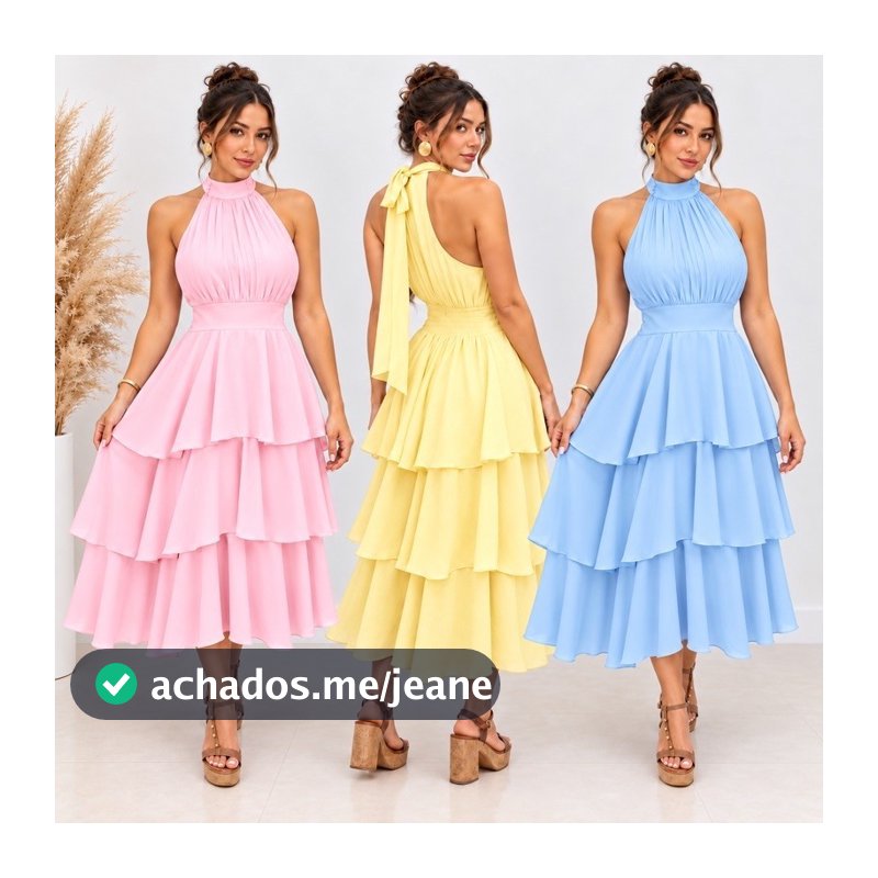 Vestido  Longuete de Festa com Gola Alta e Saia em Camadas en tecido duna