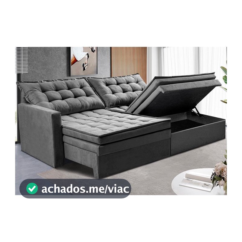 Sofá Sem Caixa Retrátil Baú 2,00m Cama inBox Secret Suede Velusoft Cinza