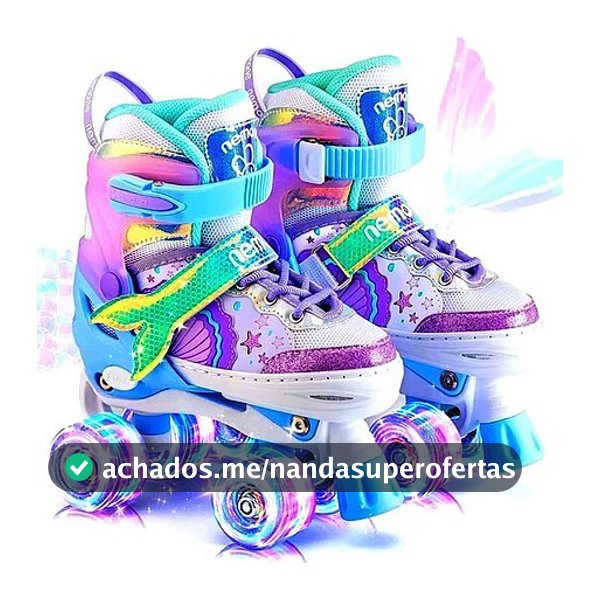 Patins Infantil Sereia 4 Rodas Com Luz De Led Top Patins +Kit Proteção e Sem Kit Proteção Menina Menino Promoção