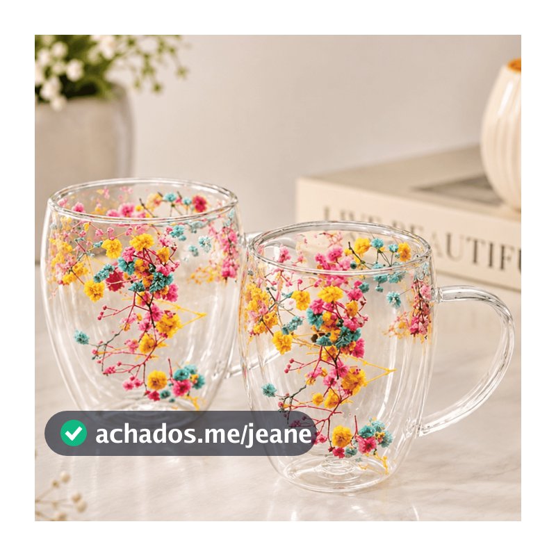 Xícara Caneca De Vidro Parede Dupla Com Flores Seca Caneca