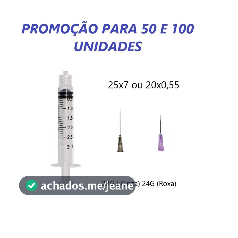 50 / 100 Unidades de Seringa de 3ml Luer Lock (Rosca) com agulha com 25x7 (Cinza/ Preta) ou 20x55 (Roxa / Lilás)