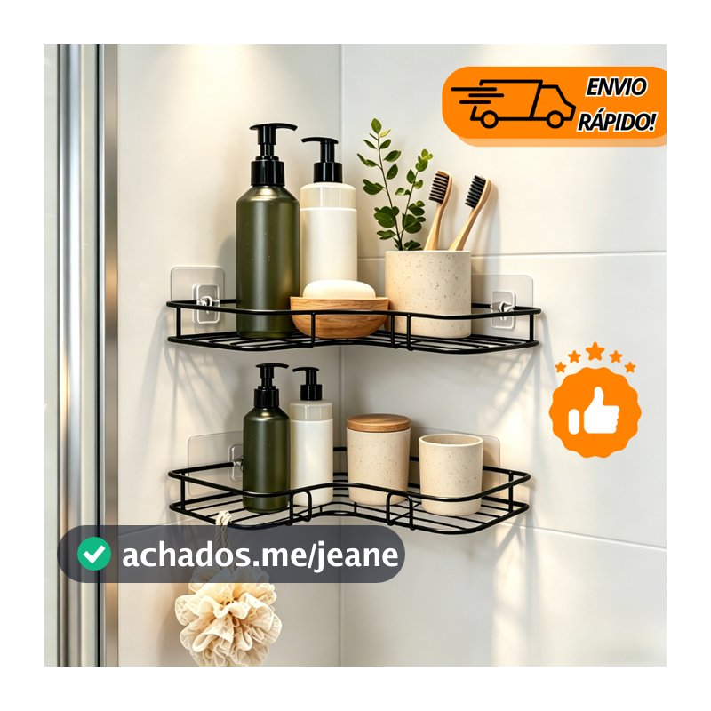 Kit 2 Prateleiras de Canto Sem Furo Porta Shampoo E Sabonete Banheiro Adesivo Reforçado