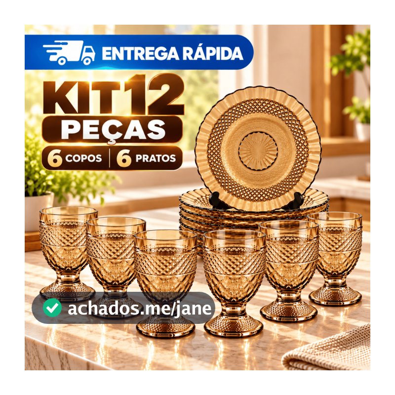 Jogo Mesa Completa 12 Peças 6 Pratos + 6 Taças 200ml Vidro Âmbar Trabalhado Vintage Jantar Almoço