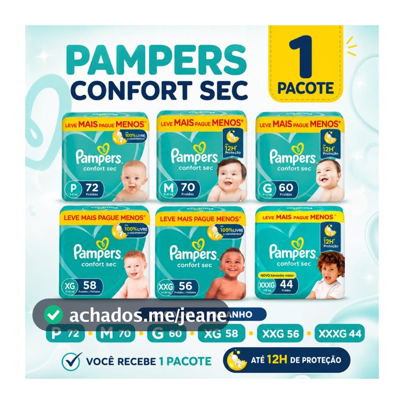 Fralda Pampers Confort Sec Bag Hiper Todos os Tamanhos
