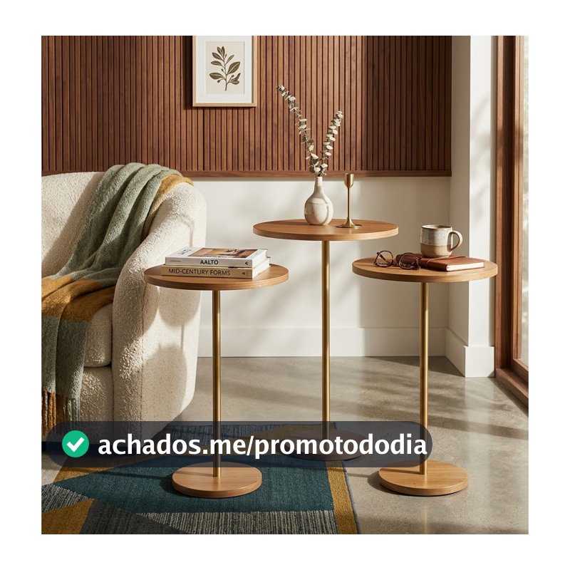 Kit 3 Mesas Laterais Redondas Sala Mesa de Apoio Decorativa Moderna Industrial Pé de Ferro