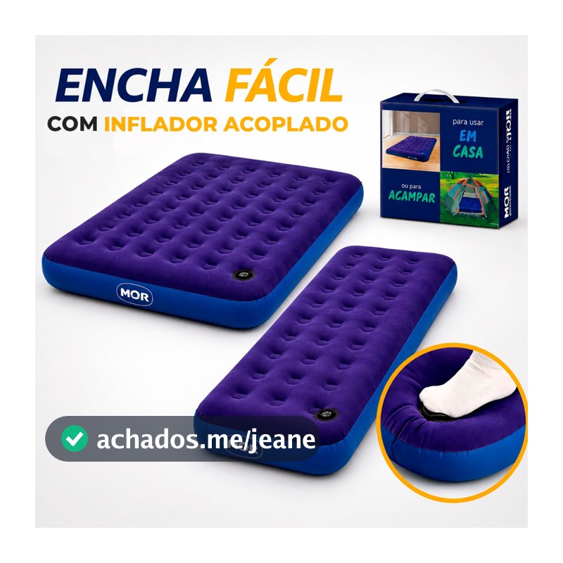 Colchão de Casal e Solteiro Inflável Inflador Acoplado Uso Fácil Resistente Aveludado Portátil MOR