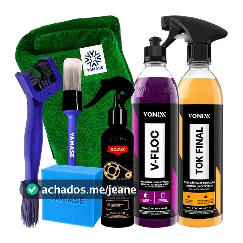 Kit para Lavar Moto Cera Shampoo Pretinho Limpador de Corrente Desengraxante Foxy Shampoo