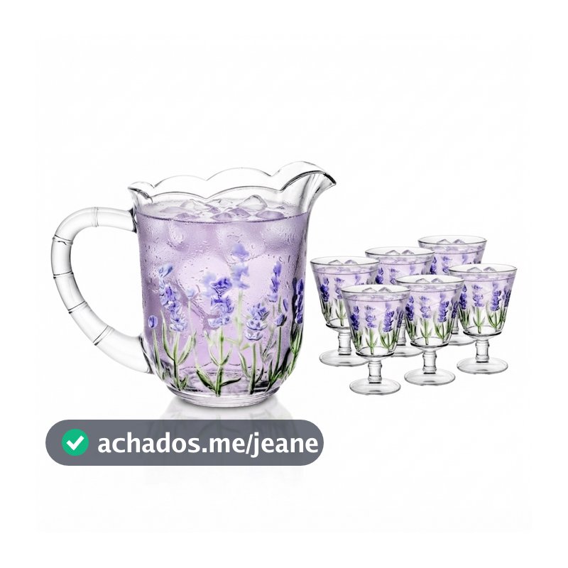 Jogo Jarra 1,3L com 6 Taças 240ml Lyor Cristal Lavanda Pintado à Mão para Suco Água Drinks Vinho Mesa Posta Presente Kit