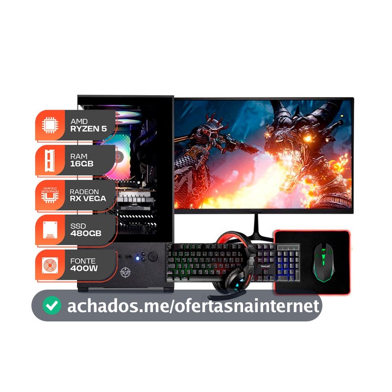 PC Gamer Forge, AMD RYZEN 5 3400G, 16GB DDR4, SSD 480GB, 400W 80 Plus, Completo com Monitor 21 e Periféricos