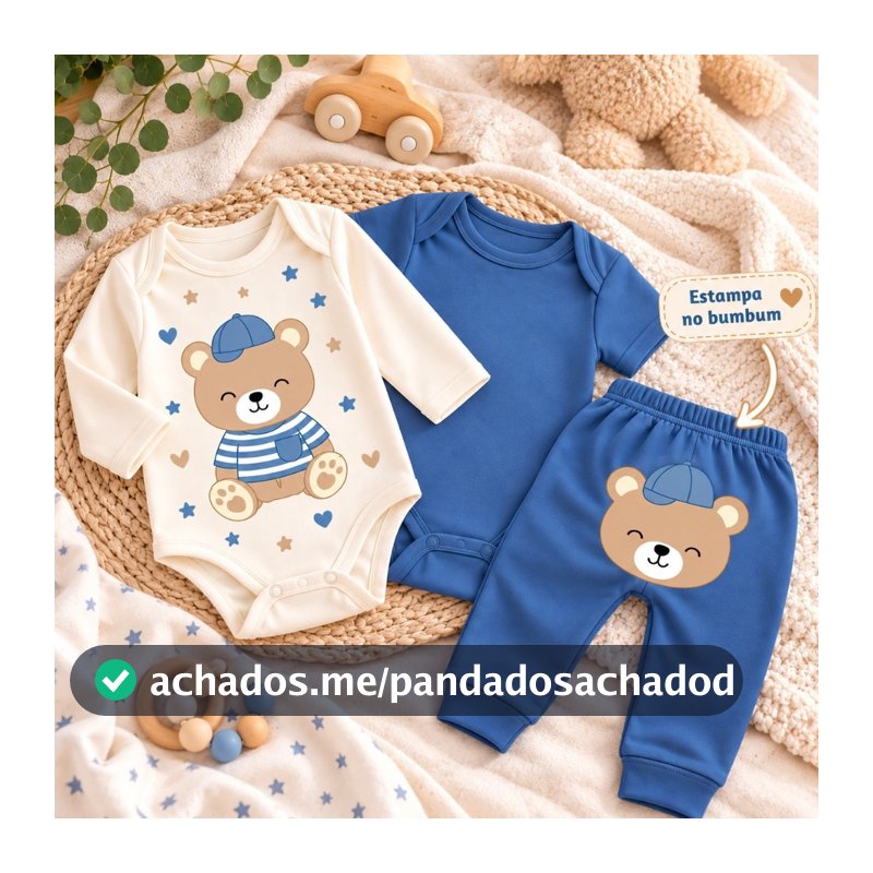 Conjunto Bebê Trio 3 Pçs Algodão: Body e Calça OU Regata e Shorts Estampas Divertidas Roupa de Bebê Menino Verão Inverno