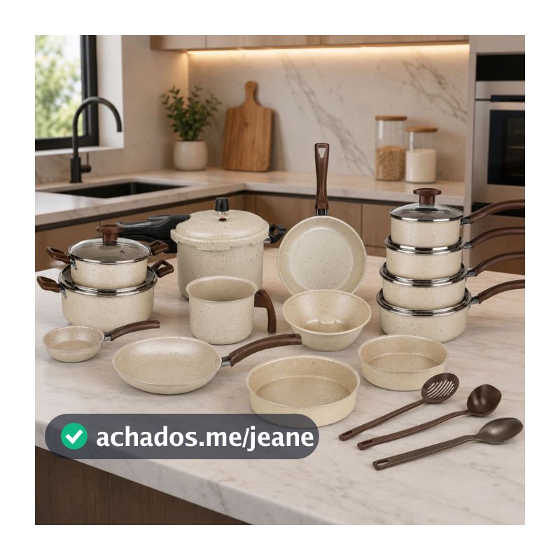 Jogo de Panelas 11 Peças 17 PEÇAS bege off white Baunilha com Panela de Pressão 4,5L antiaderente tampa de vidro
