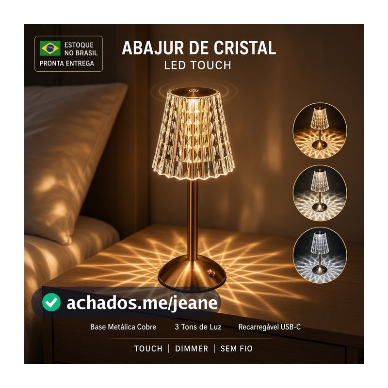 Abajur de Mesa Cristal LED Touch Sem Fio Recarregável USB-C 3 Tons Dimmer Cabeceira Luxuosa