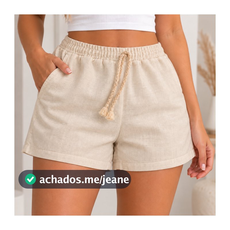 Short Feminino Linho Cintura Alta com Bolsos Laterais Casual com Cós de Elástico Conforto e Estilo